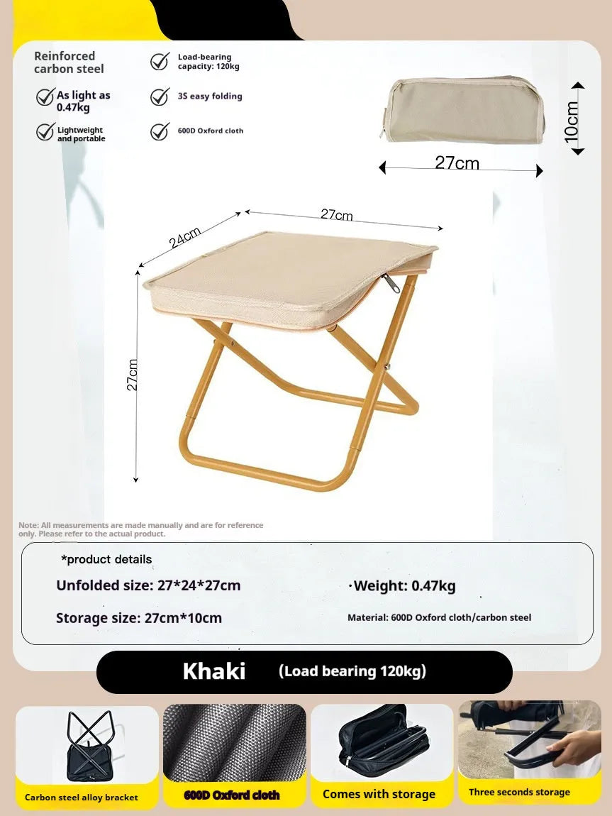 Outdoor foldable pencil box stool with Oxford cloth seat shown in khaki colour, folded and unfolded.