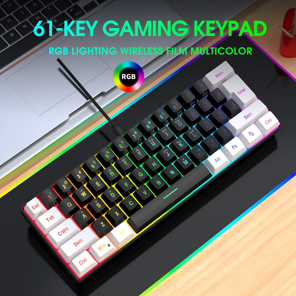 Simple wired 61 key membrane keyboard in white and black colour scheme with UK layout