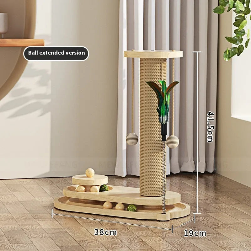 Solid wood cat turntable scratching post with oval mushroom design and natural finish for indoor climbing