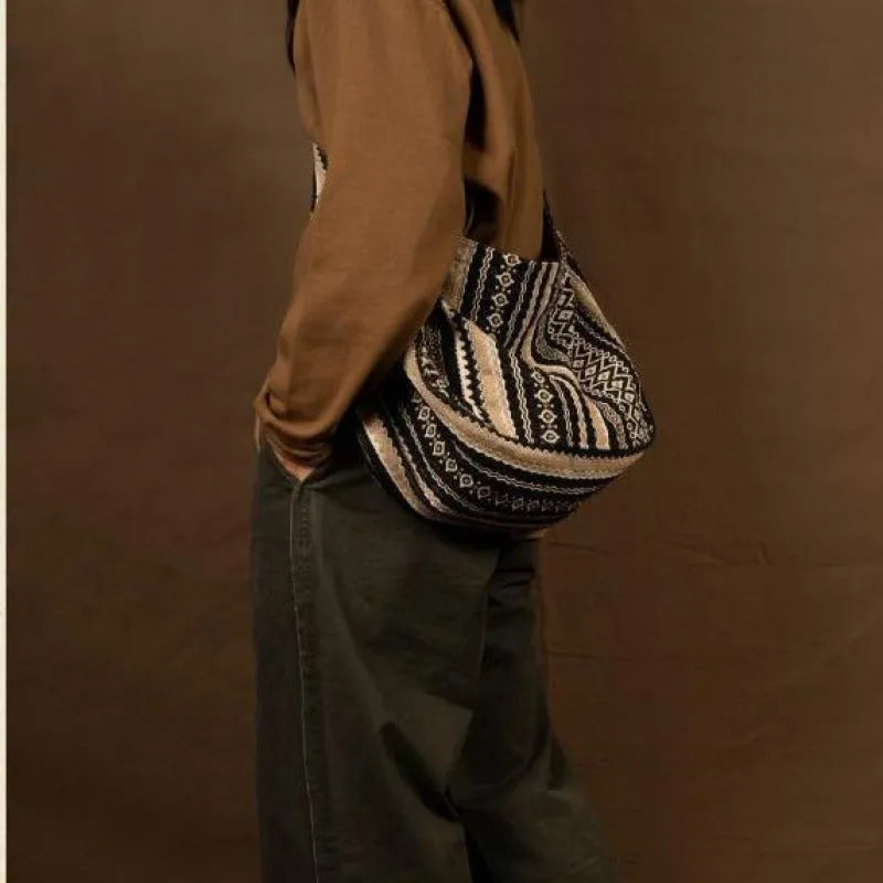 Corduroy messenger bag with jacquard striped vintage design and adjustable plaid shoulder strap