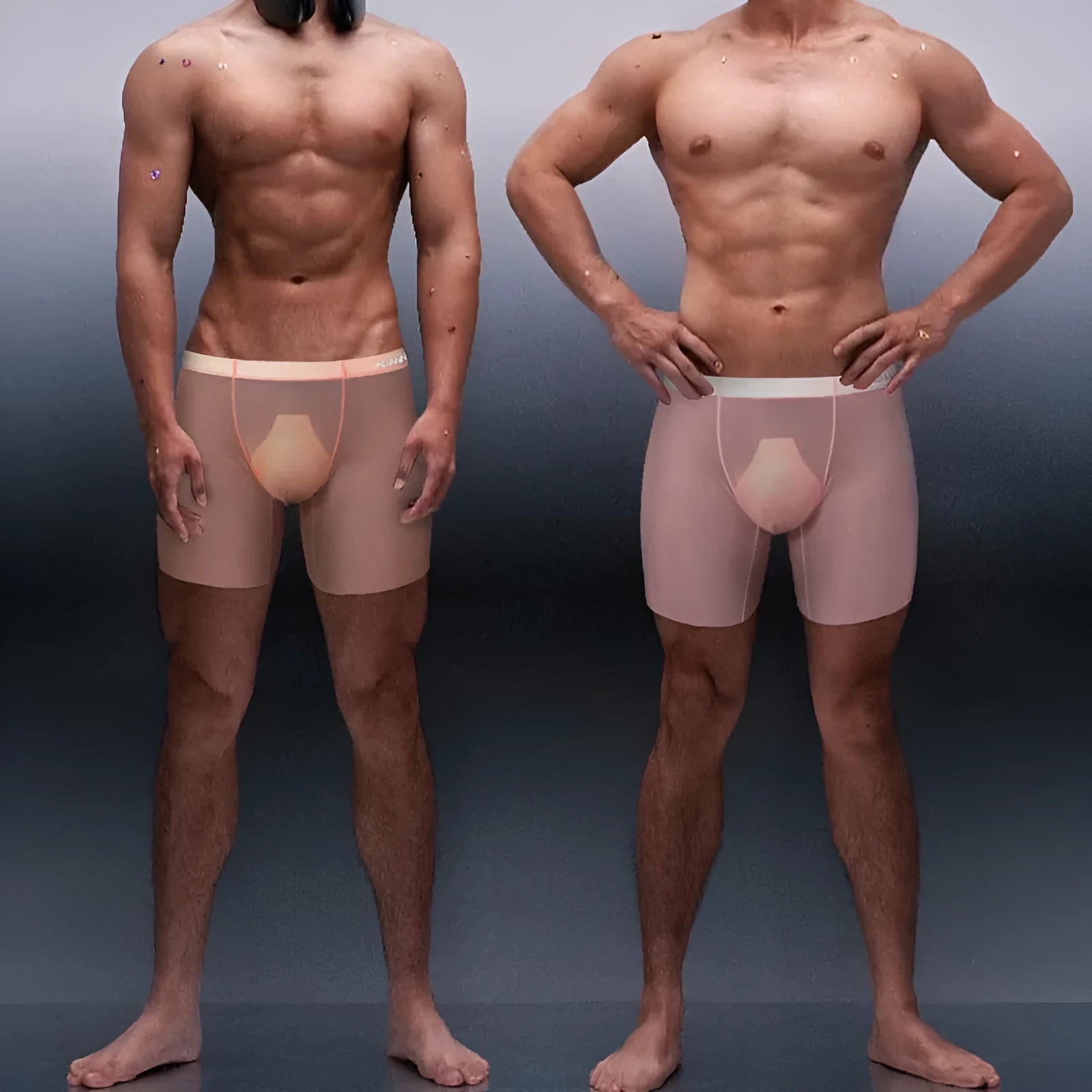 Men's seamless sports boxer briefs in orange, pink, or red, showing low-rise waist and short-length design.