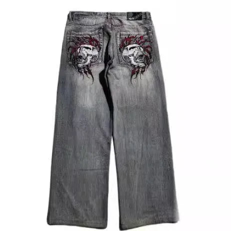 Grey washed-out men's jeans with a wide-leg, straight-cut retro workwear design.