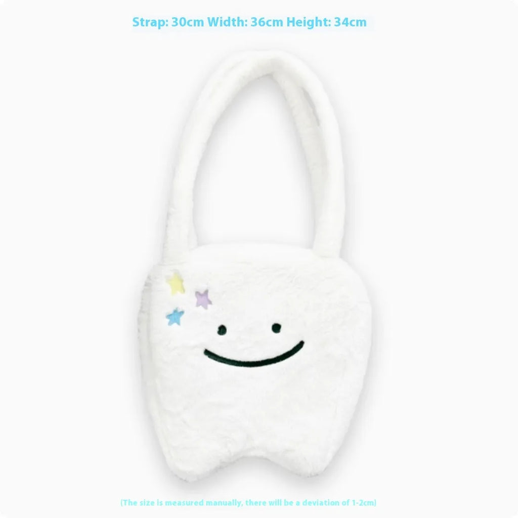 White plush shoulder tote bag with cute teeth pattern and front zip closure
