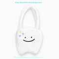 White plush shoulder tote bag with cute teeth pattern and front zip closure