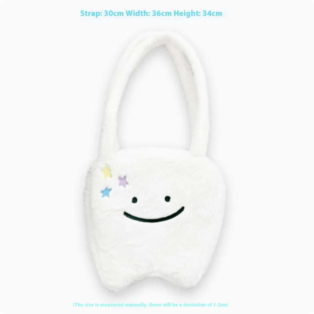 White plush shoulder tote bag with cute teeth pattern and front zip closure