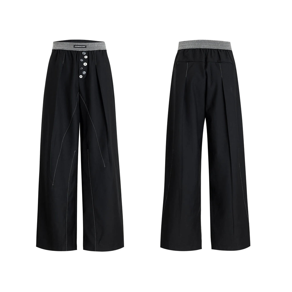 Straight-leg trousers with button-open line design in black or grey colours, high waist construction
