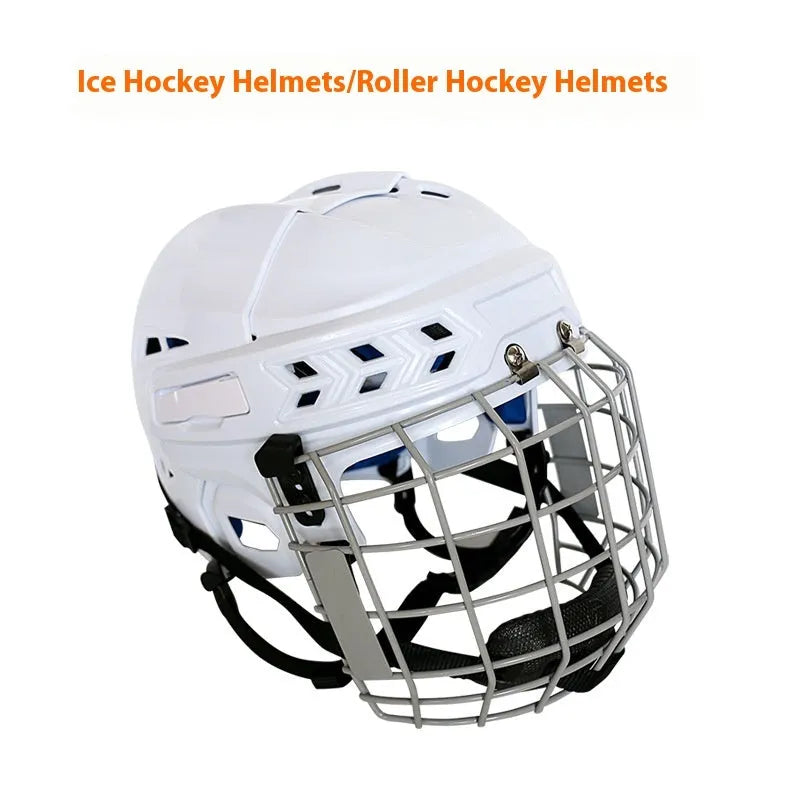 Ice hockey helmet with a carbon steel face mask shown in size S, M, L, or XL on a neutral background.