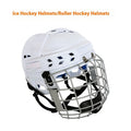 Ice hockey helmet with a carbon steel face mask shown in size S, M, L, or XL on a neutral background.