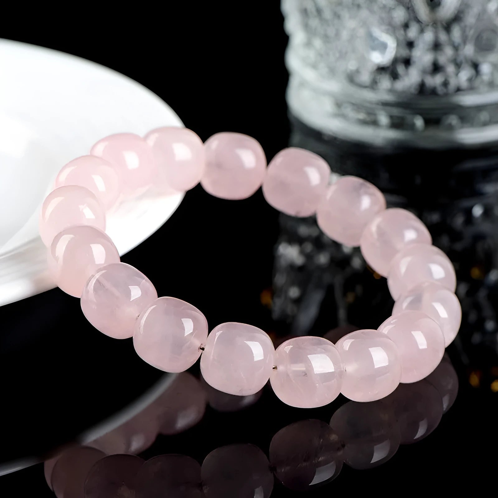 Pink bamboo crystal barrel bead bracelet with 11-12mm geometric beads and unisex design