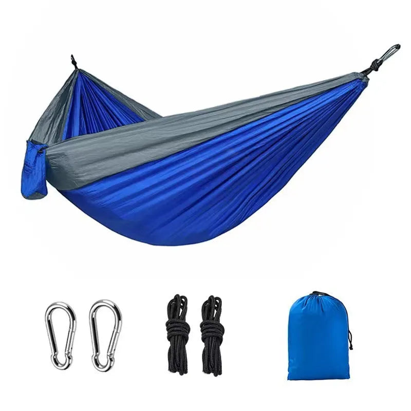 Blue parachute nylon outdoor hammock showing 270cm length and 140cm width dimensions