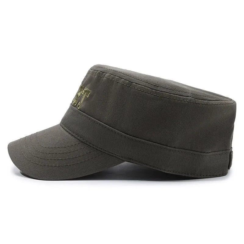 Men's adjustable cotton flat-top peaked cap in multiple colours showing dome crown and peak design