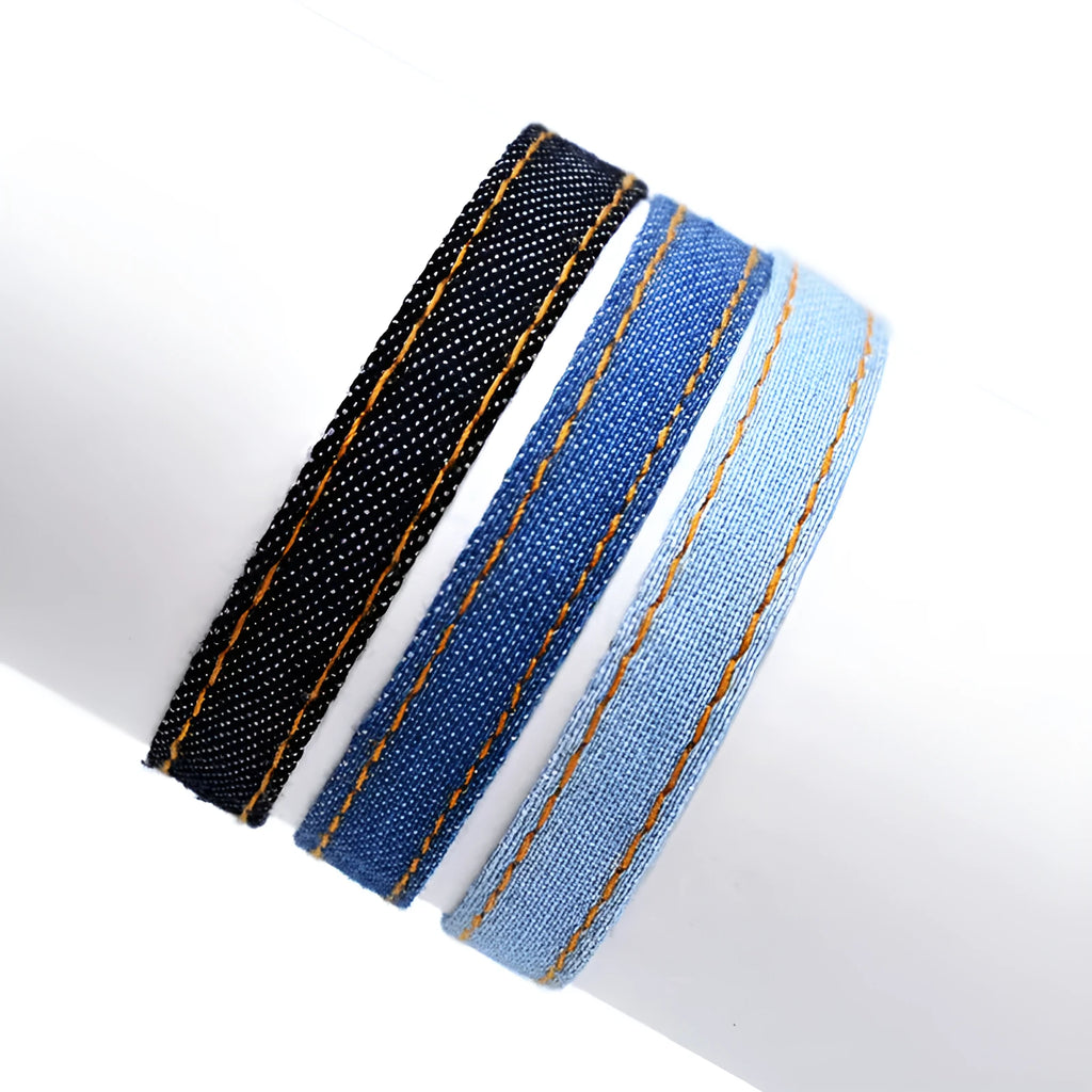 Handmade denim fabric bracelet strap for travel memories, shown in one of eleven colour variants