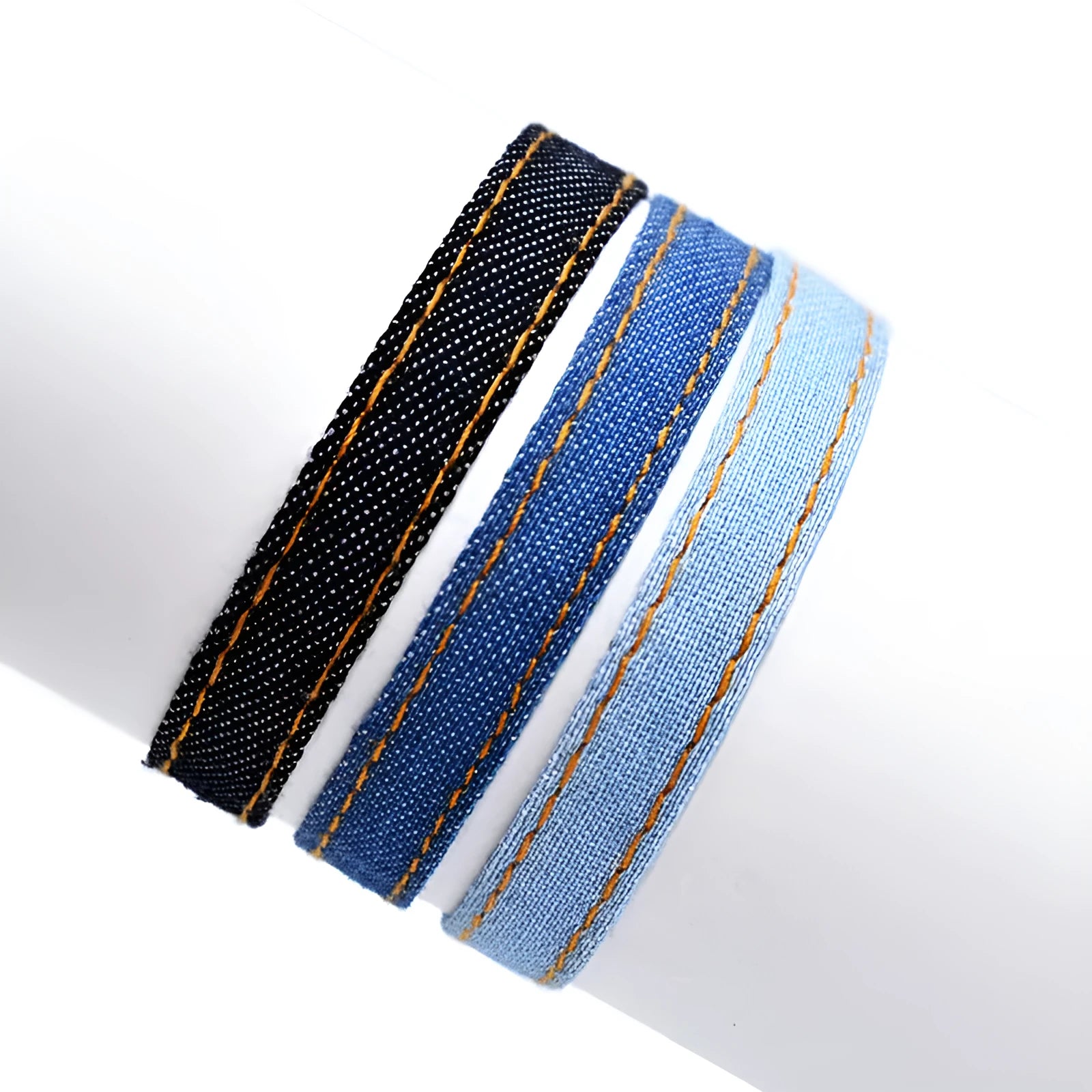 Handmade denim fabric bracelet strap for travel memories, shown in one of eleven colour variants