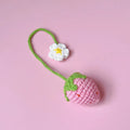 Wool crochet strawberry pendant with 35cm cord, knitted wool construction in pink or red colour