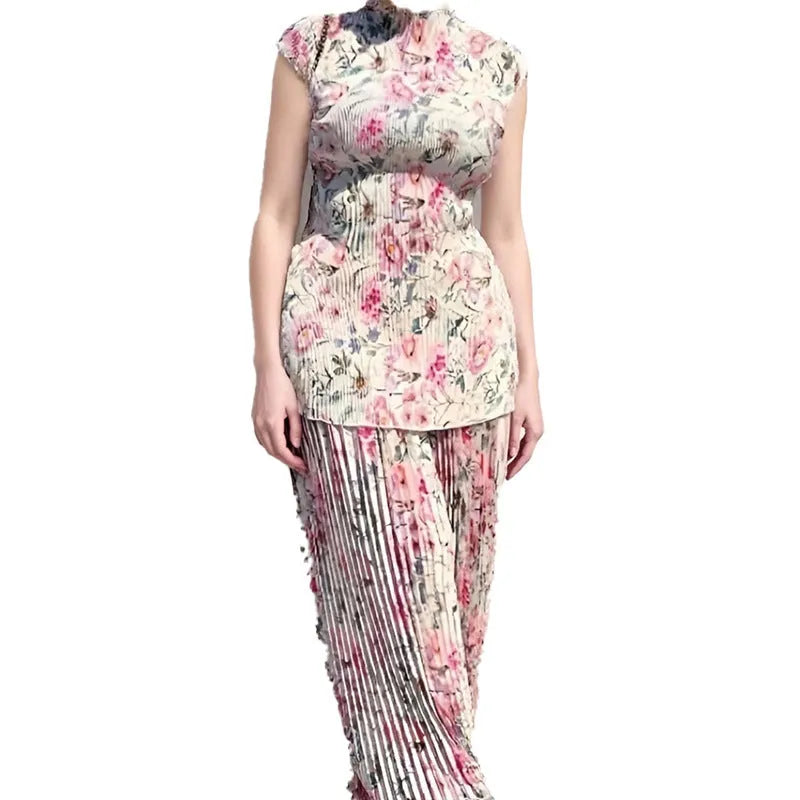 Women's long sleeve printed chiffon dress with high waist, shown in picture colour.