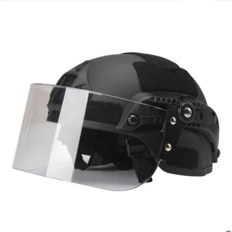 Transparent windproof explosion-proof face mask with guide rail for helmet mounting.