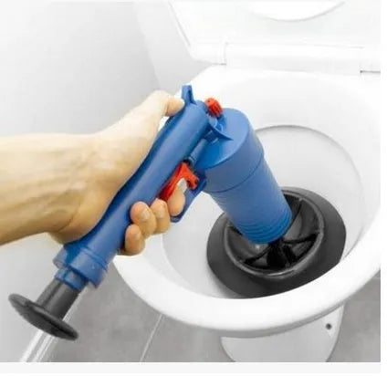 Plastic drain blaster gun with handle and four pipe adaptors for unblocking sinks and toilets