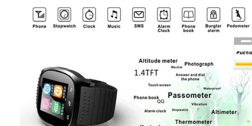 Smart Bluetooth sports watch in black, white, or blue colours compatible with iOS and Android devices