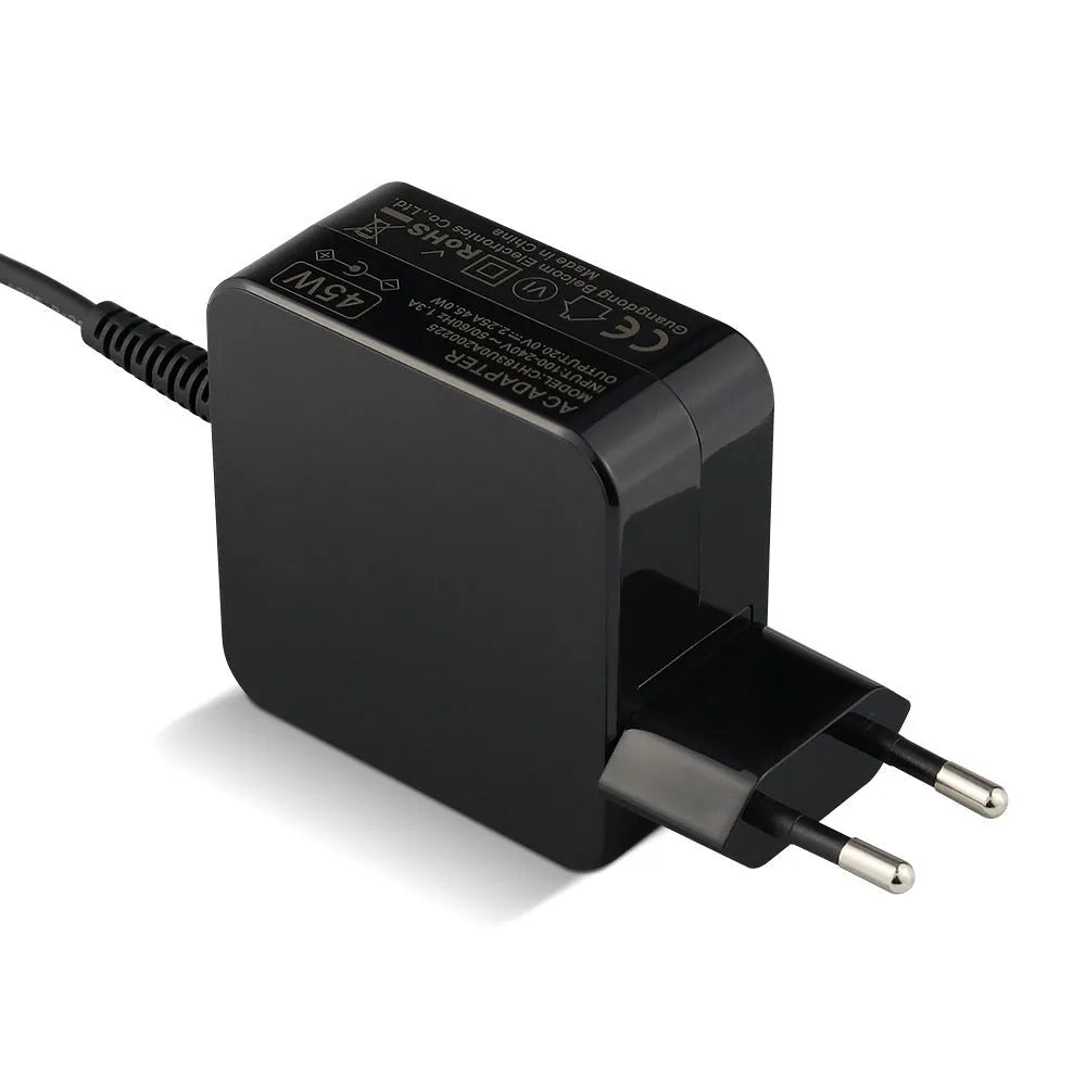 Black 45W laptop power adapter with EU and US plug options showing DC connector