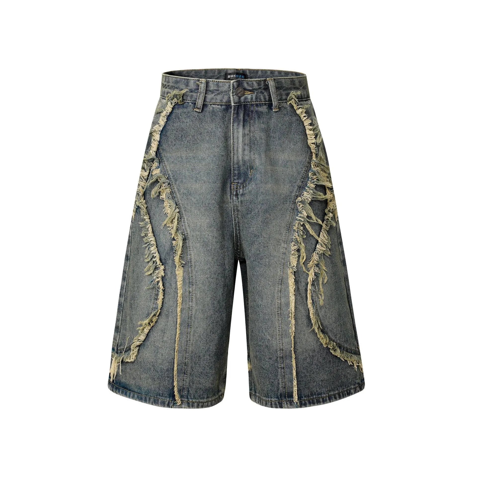 Distressed raw edge denim shorts in straight leg cut available in black, dark blue, and light blue colours