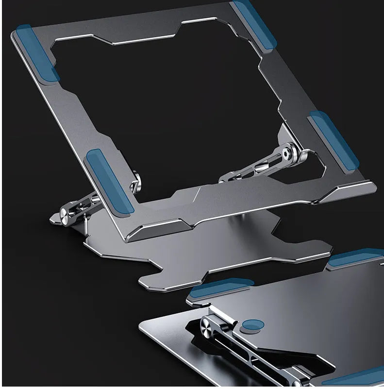 Grey aluminum laptop stand shown at an adjustable angle, folded flat, and holding a silver laptop.