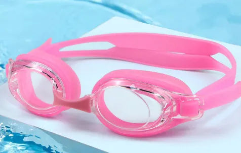 Black frame prescription swimming goggles for myopia with anti-fog lenses and a storage case.