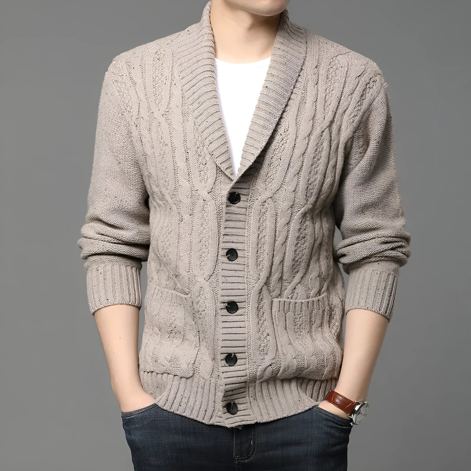 Korean jacquard patterned men's knitted cardigan jacket in straight cut style