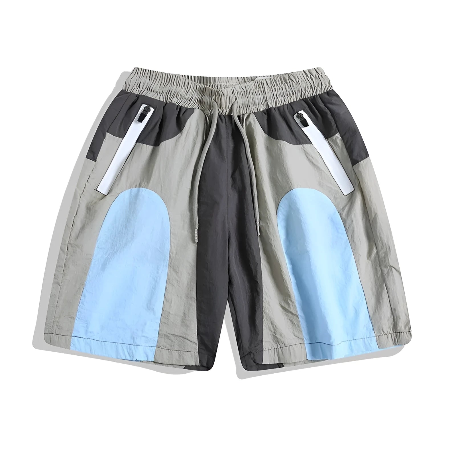 Blue patchwork outdoor sports shorts with loose straight-leg design and quick-drying fabric