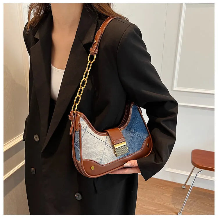 Brown soft denim women's bucket shoulder bag with diamond mesh panels and chain strap
