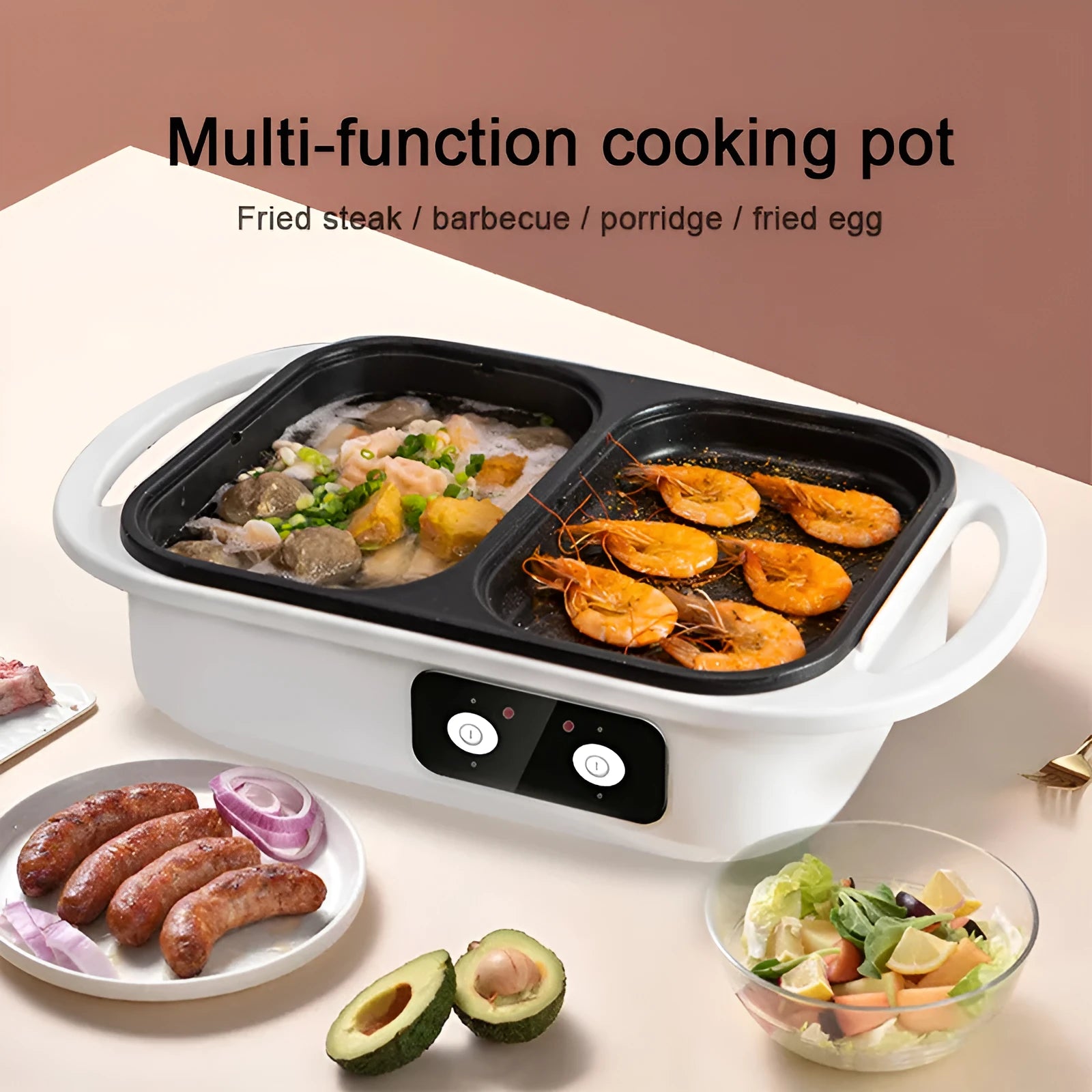 White or green dual-function electric cooking appliance serving as both hot pot and frying oven