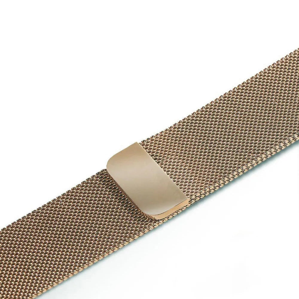 Stainless steel metal watch strap replacement band in silver, black, gold, and rose gold colours.