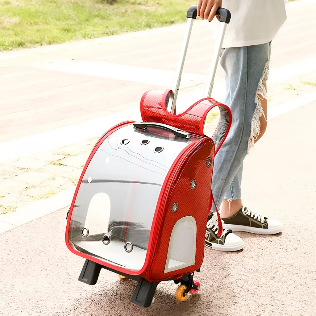 Blue pet trolley bag with transparent acrylic cover showing shoulder strap and trolley wheels