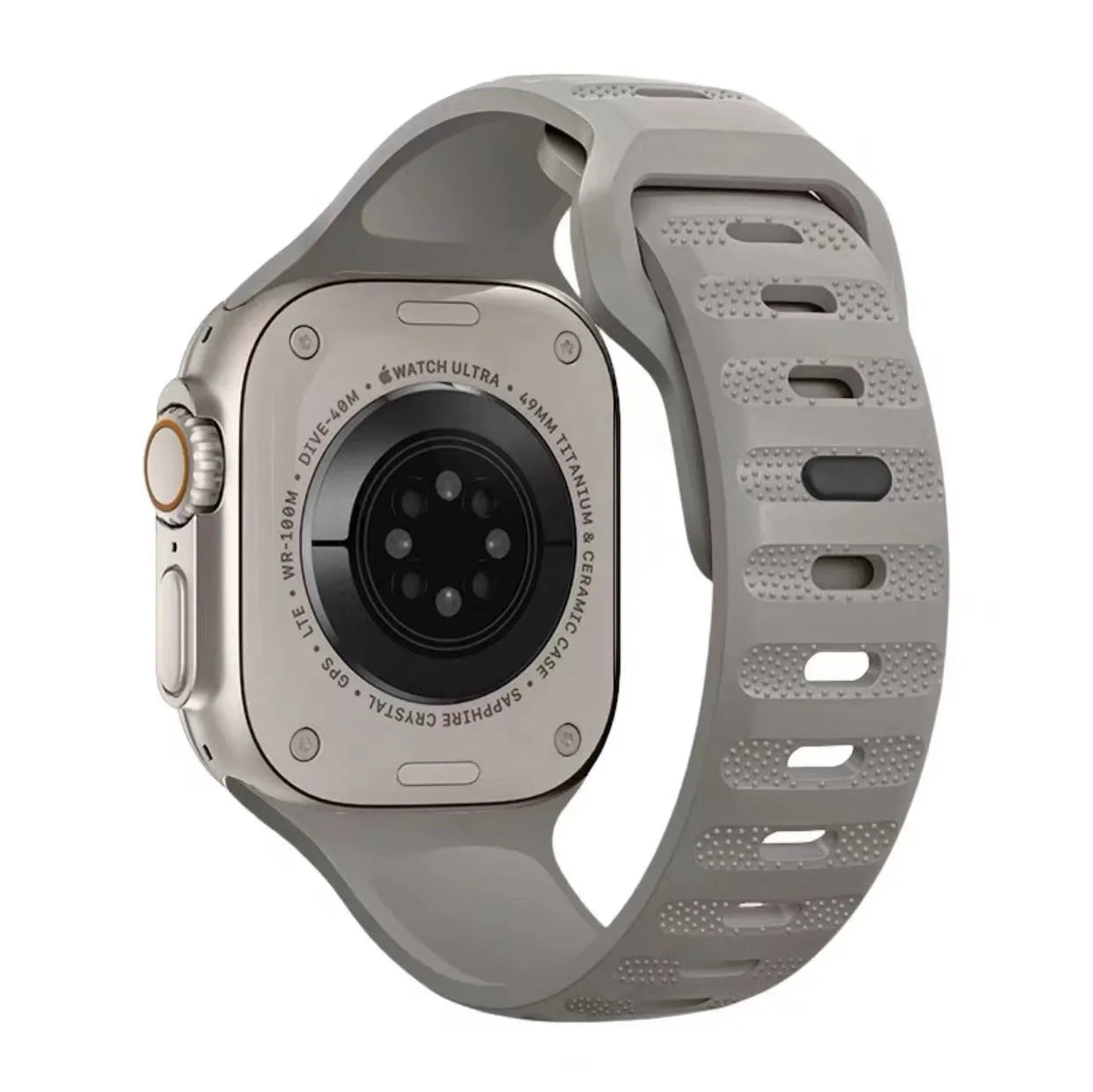Fluoro rubber watch strap with T-buckle for Apple Watch Ultra and Series 1-8 models in multiple colours.