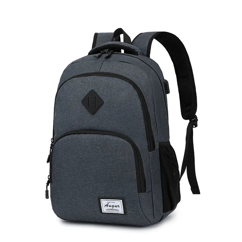 USB charging backpack with trolley strap in black, dark grey and light grey colours