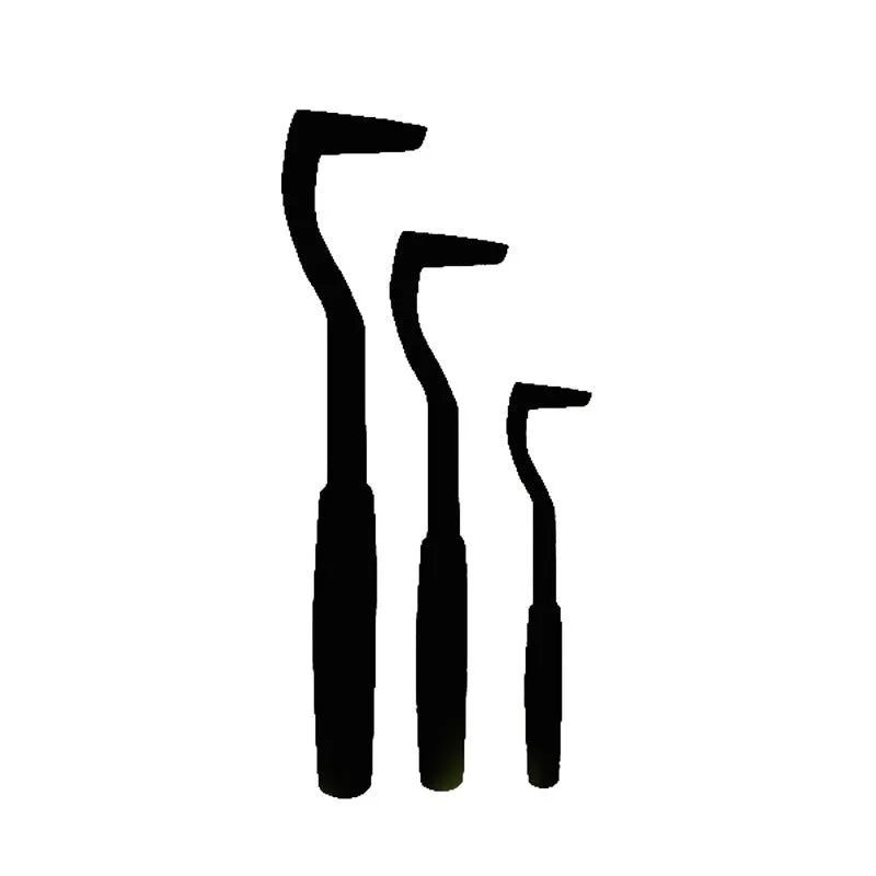 Set of three coloured plastic tick hook removers for dogs on a white background.