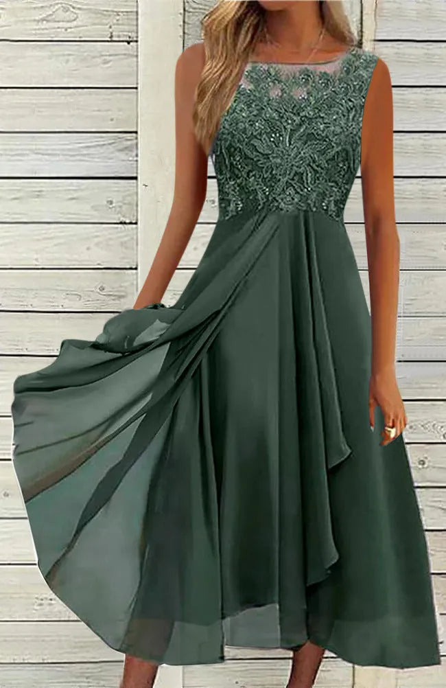 Women's sleeveless chiffon dress with lace stitching detail in midi length