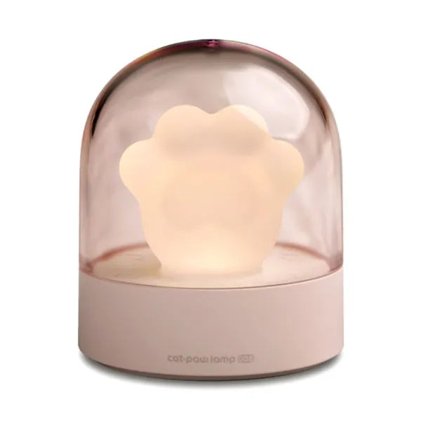 Grey and pink cat paw shaped USB rechargeable night light with adjustable brightness and musical rotation features