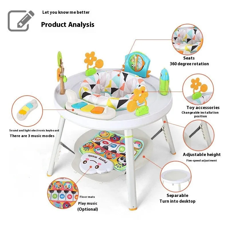 Baby jumping chair with three functions including bouncing and gymnastic rack elements in plastic construction