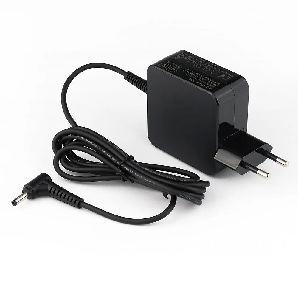 Black 45W laptop power adapter with EU and US plug options showing DC connector