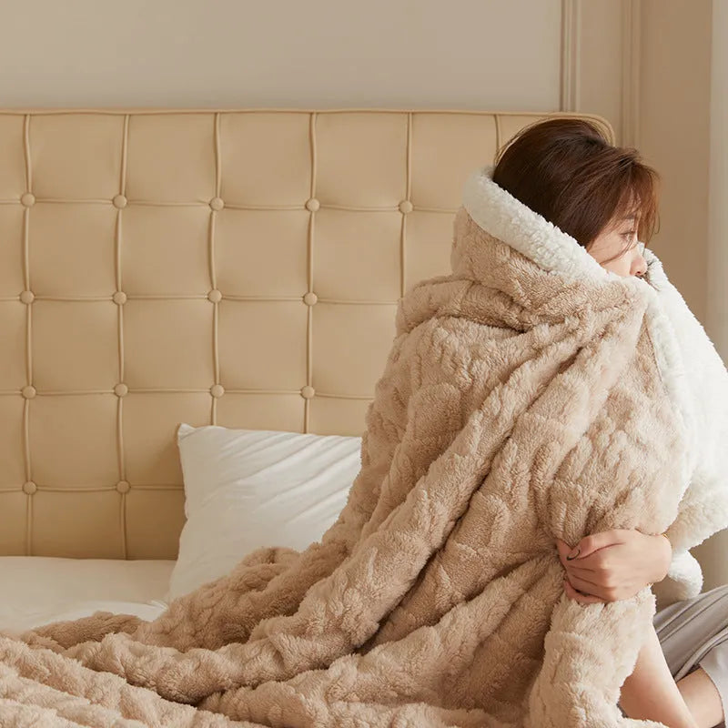 Thermal flannel winter blanket in tea green colour showing taffeta texture and modern simple styling