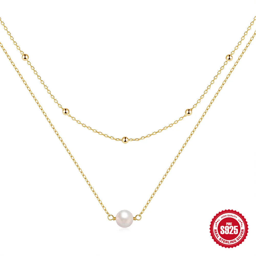 S925 sterling silver double layer pearl necklace with ball bead chain in gold finish