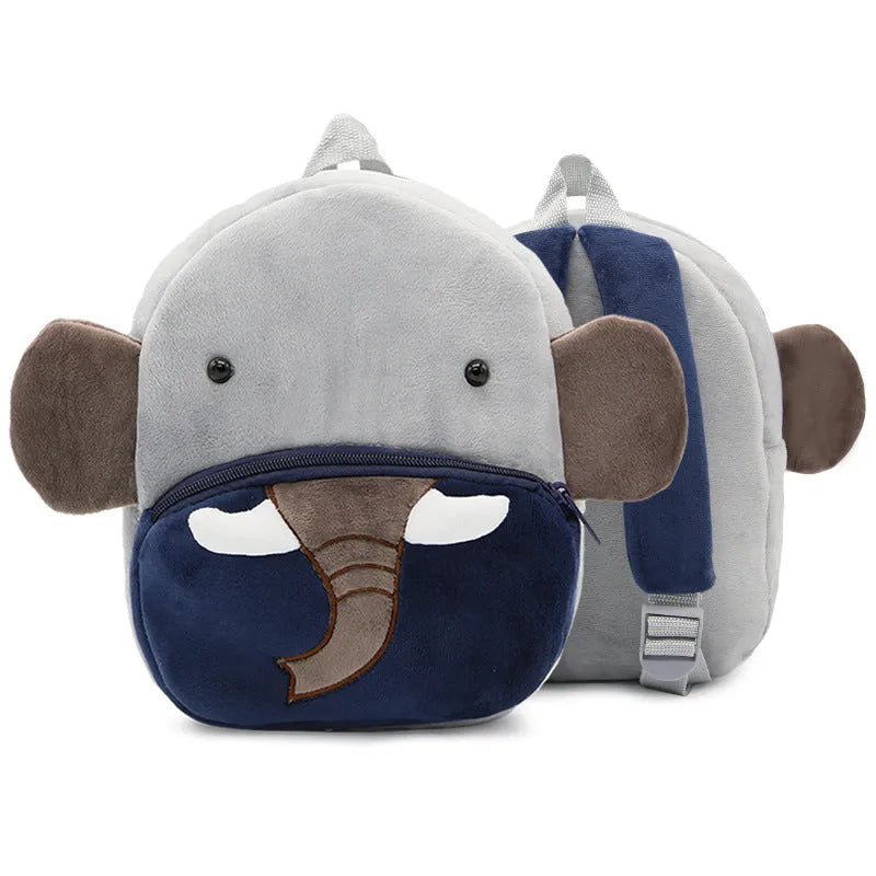 Soft plush children's backpack with cartoon animal design, showing zippered main compartment.