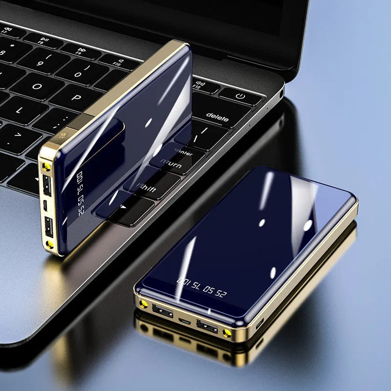 Mirror digital display power bank showing battery percentage, in choice of colours including black, blue, green, grey, and red.