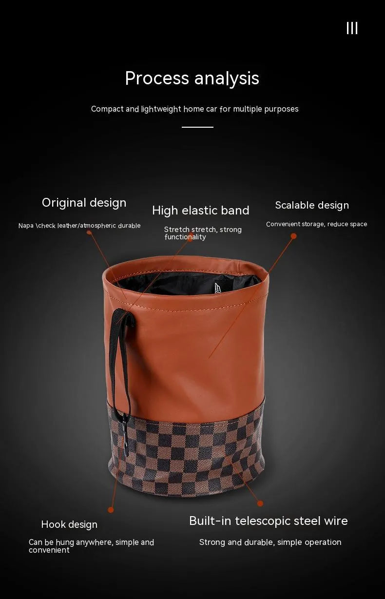 Retractable leather interior trash can with folding design and carrying handle