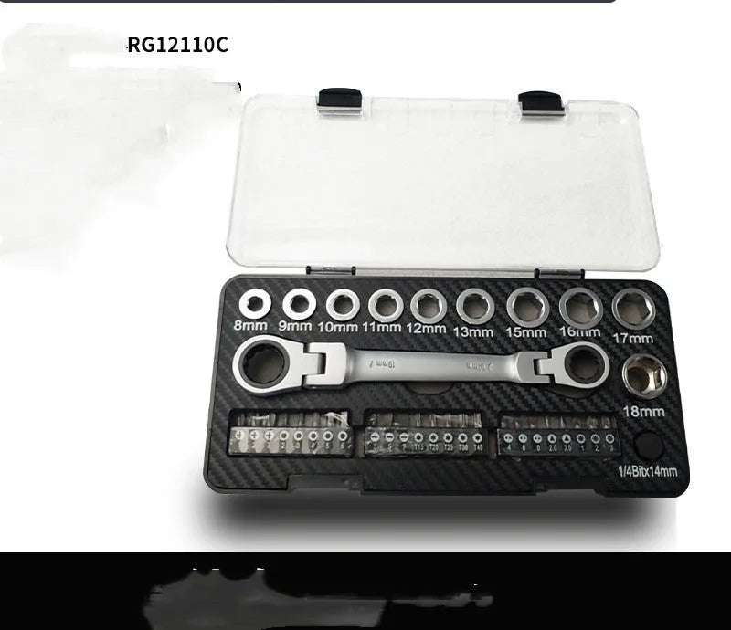 Professional ratchet wrench set with 1/4-inch drive, multiple sockets, and bit heads on a workbench.