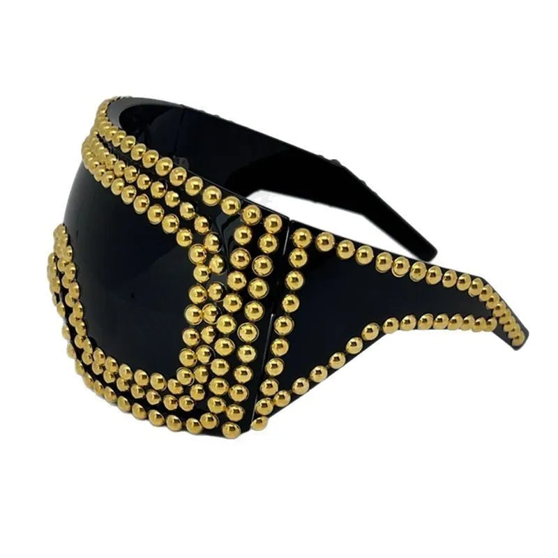 Men's punk sunglasses with large square frames and rivet detailing in silver or gold