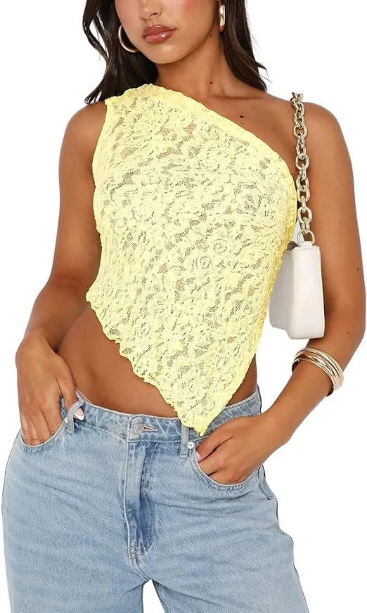 Women's slim-fit lace backless vest with an asymmetrical neckline in solid colour