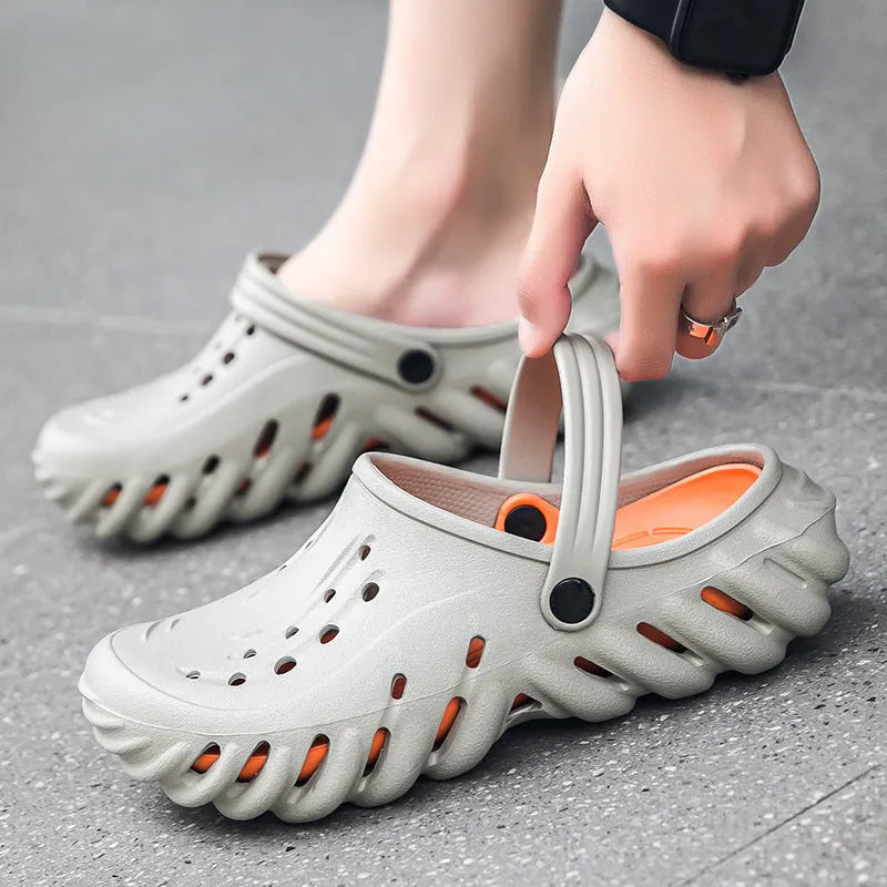 Men's beige EVA slipper sandals with hole design and non-slip outdoor soles