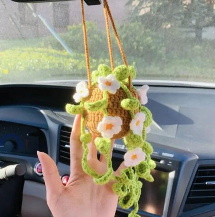 Green and white crochet car plant ornament with 25cm white hanging rope on 8cm basin base