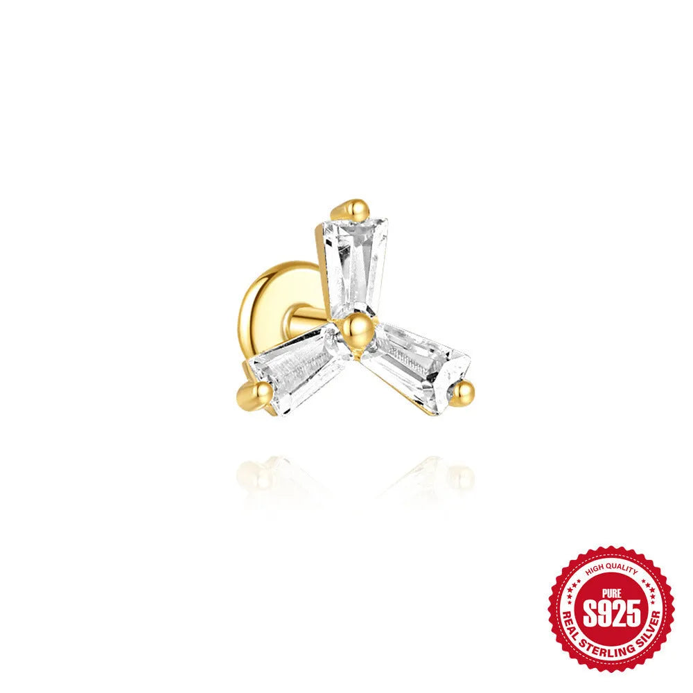 S925 sterling silver geometric chain stud earrings with inlaid zircon for double piercings in golden colour.